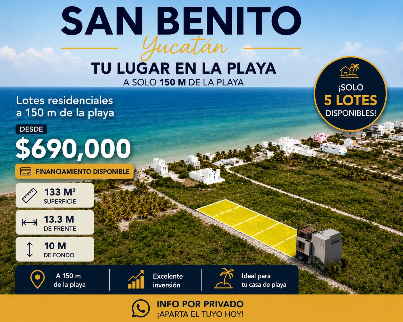 Disponibilidad lotes San Benito 150m del mar Yucatán — vista aérea con lotes marcados